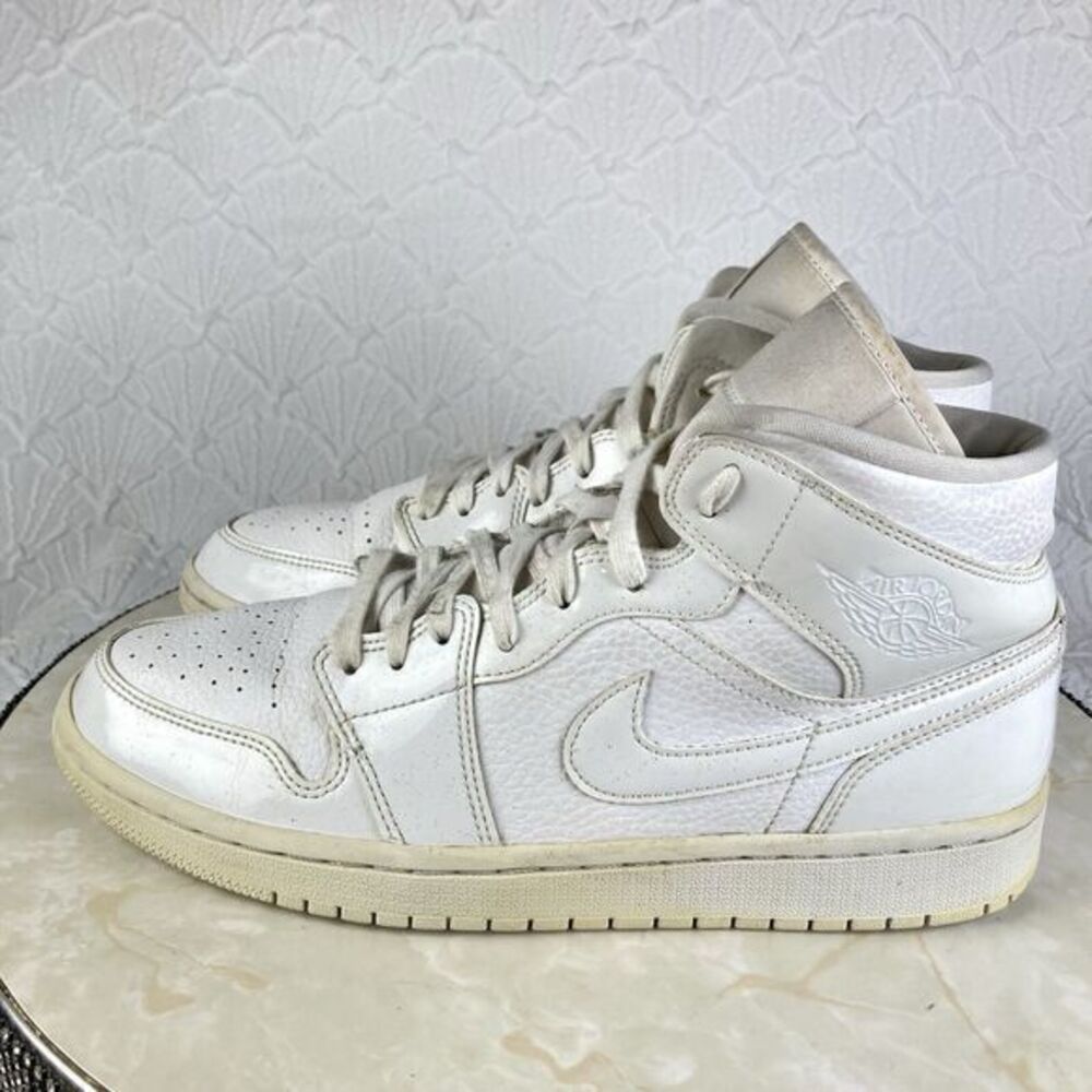 Nike Air Jordan 1 Mid Sneakers Mens 10.5 Triple White Leather High Rise Shoes - Picture 6 of 13